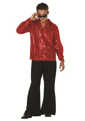 Plus 70s Disco Inferno Red Sequin Costume Shirt