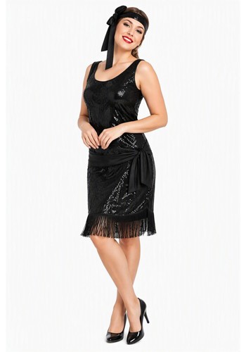 Womens Roaring 20s Black Flapper Costume Dress