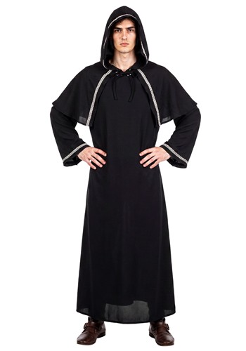 Medieval Warlock Black Velvet Hooded Robe Costume