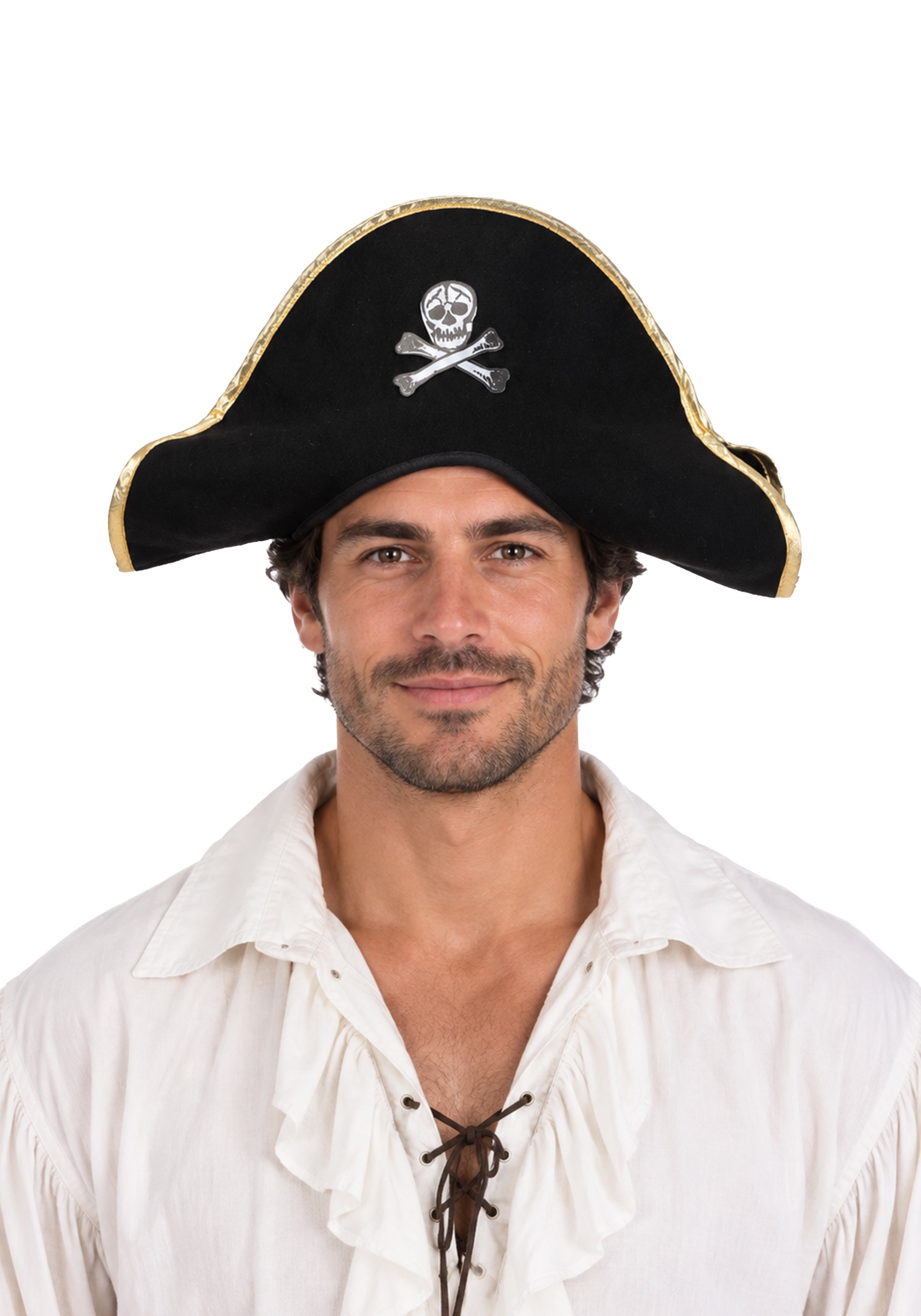 Adult Pirate Black Felt Fancy Dress Costume Hat with Gold Trim | Pirate Hats