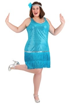 Plus Size Sequin & Fringe Turquoise Flapper Costume