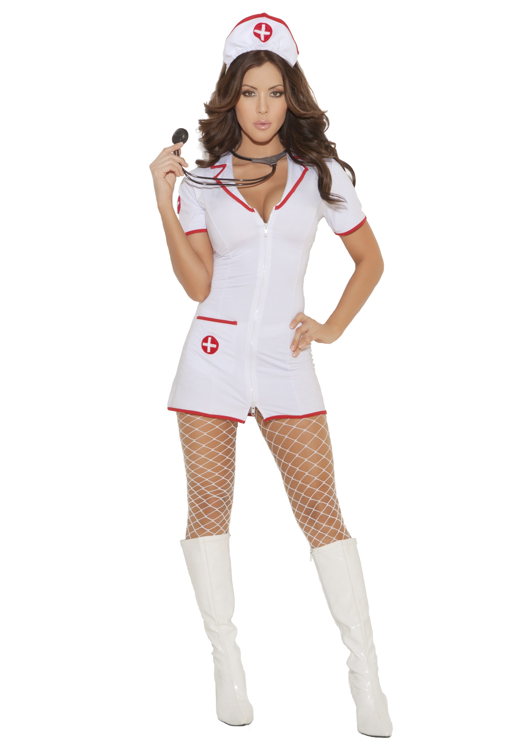 Womens Head Nurse Fancy Dress Costume W/ Hat And White Dress