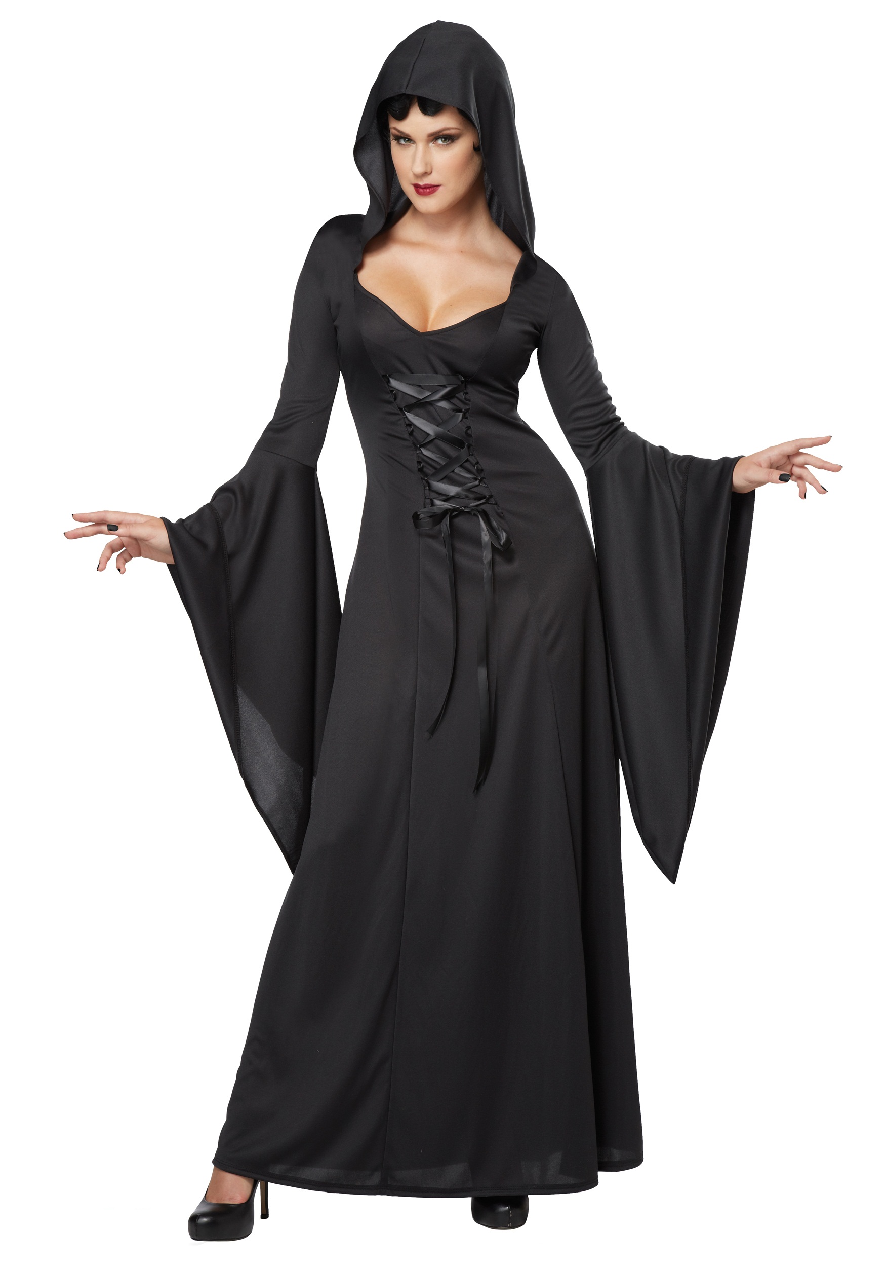 Women's Hooded Black Lace Up Robe Fancy Dress Costume