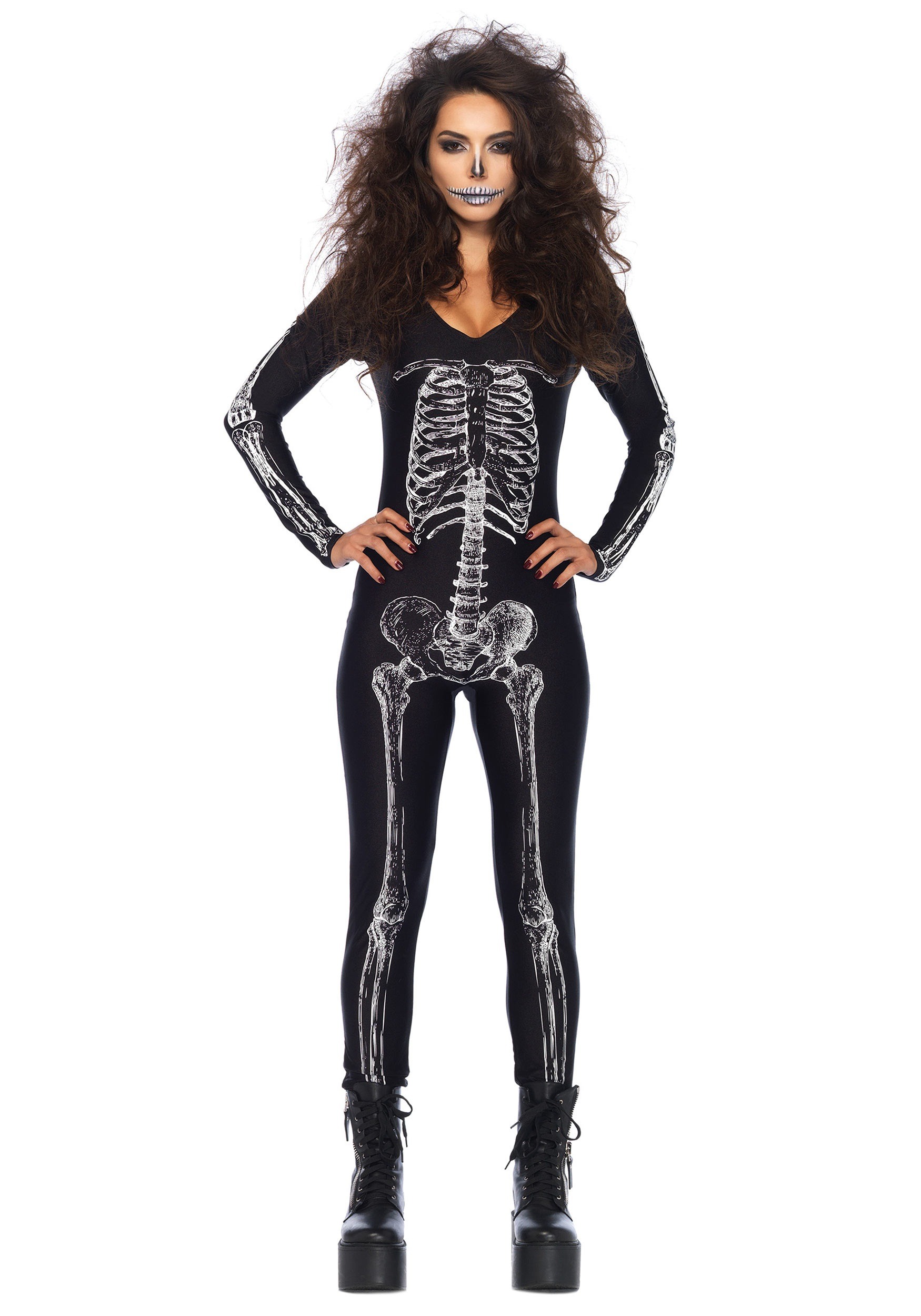 Women's X-Ray Skeleton Catsuit Fancy Dress Costume