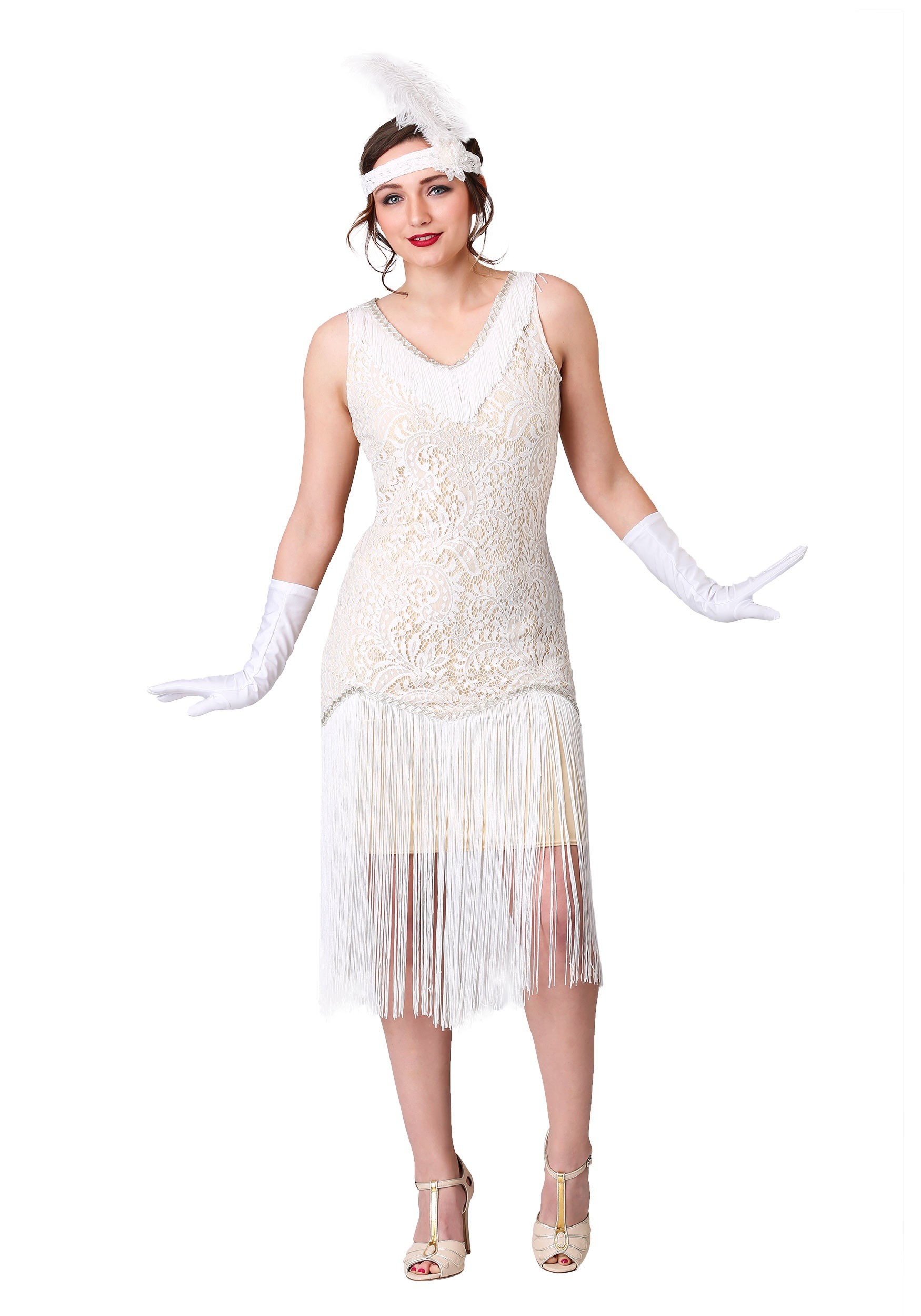 Women's White Fringe Flapper Fancy Dress Costume