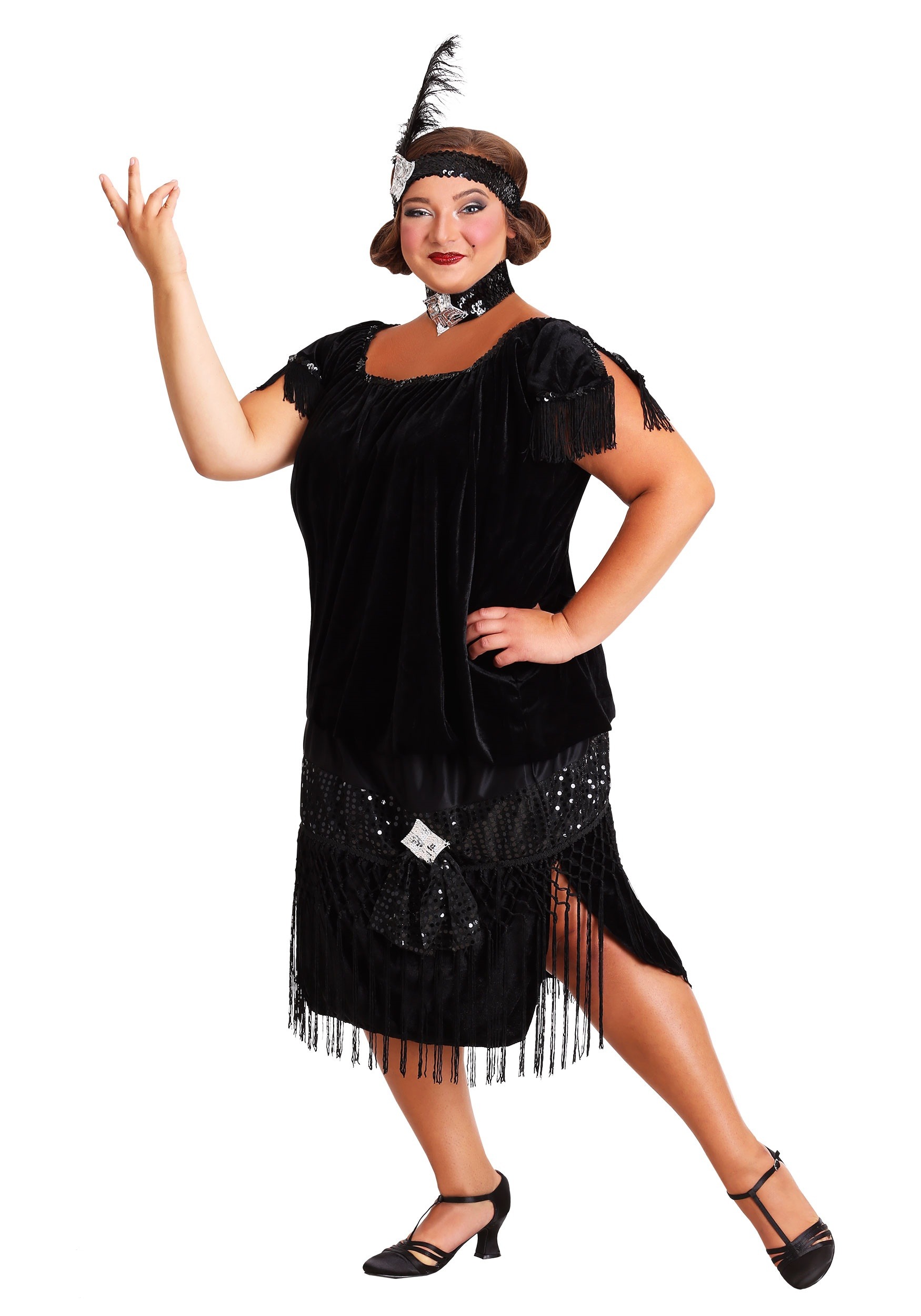 Black Plus Size Flapper Fancy Dress Costume , 20s Decade Fancy Dress Costumes