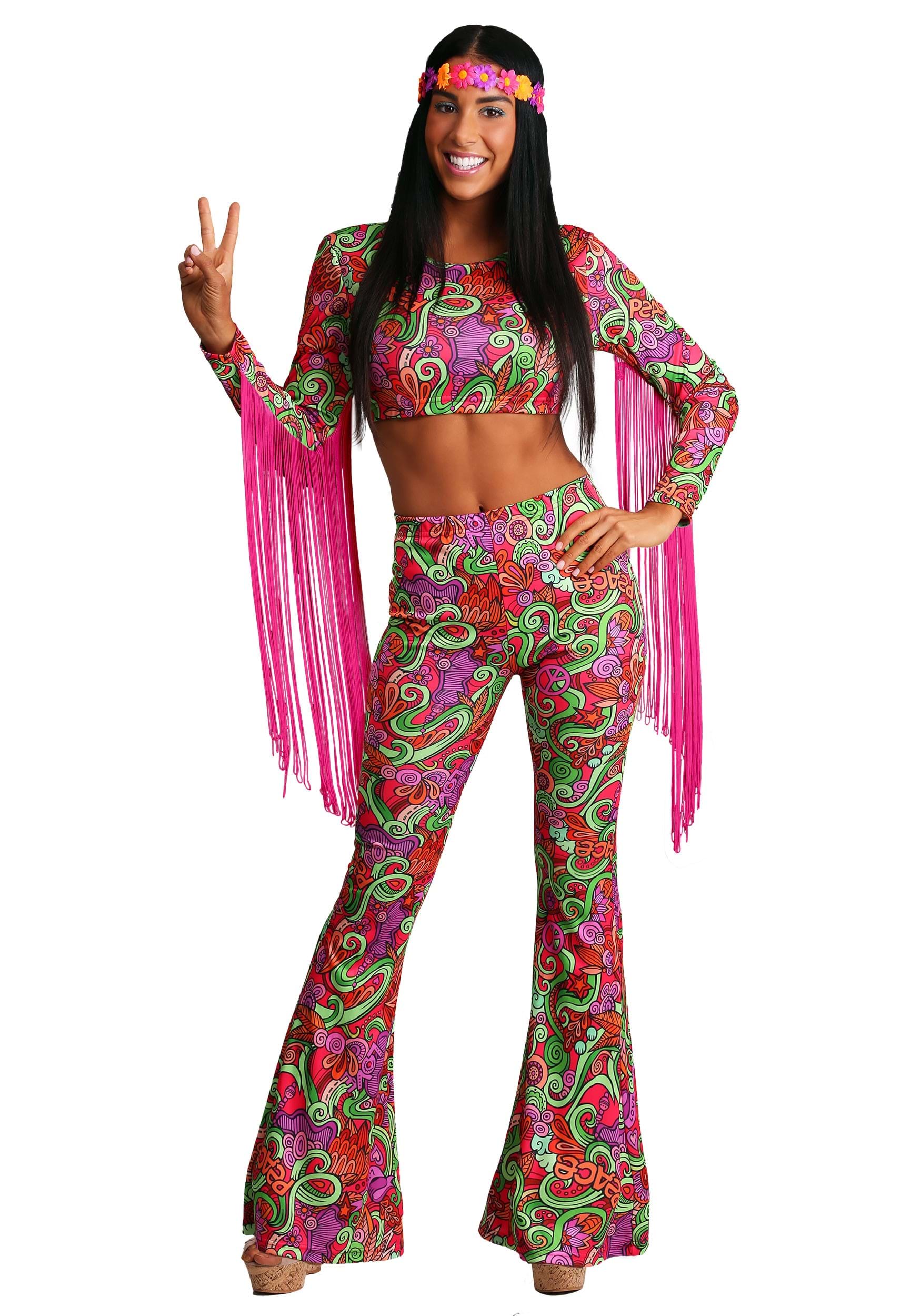 Womens World Peace Hippie Fancy Dress Costume , 70s Fancy Dress Costumes Women