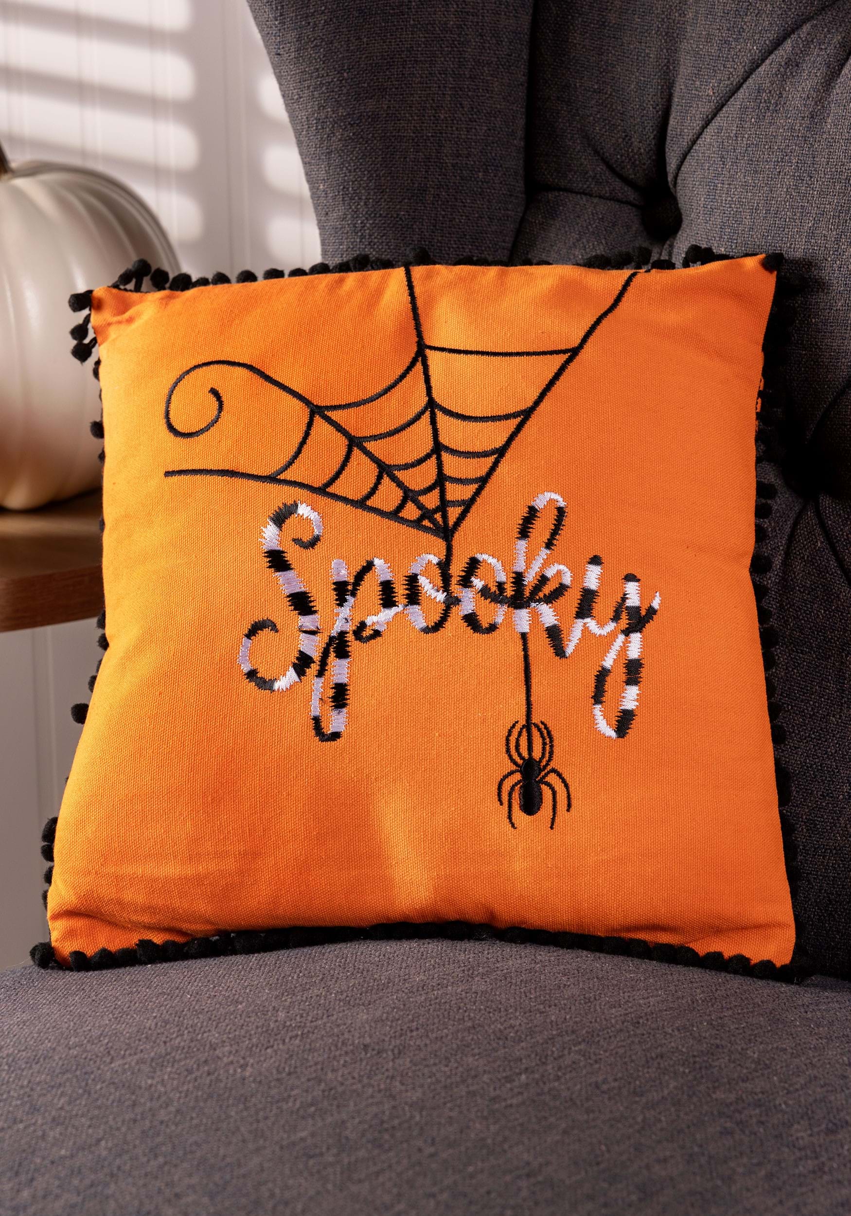 12 Orange Halloween Pillow W/ Black And White Embroidery