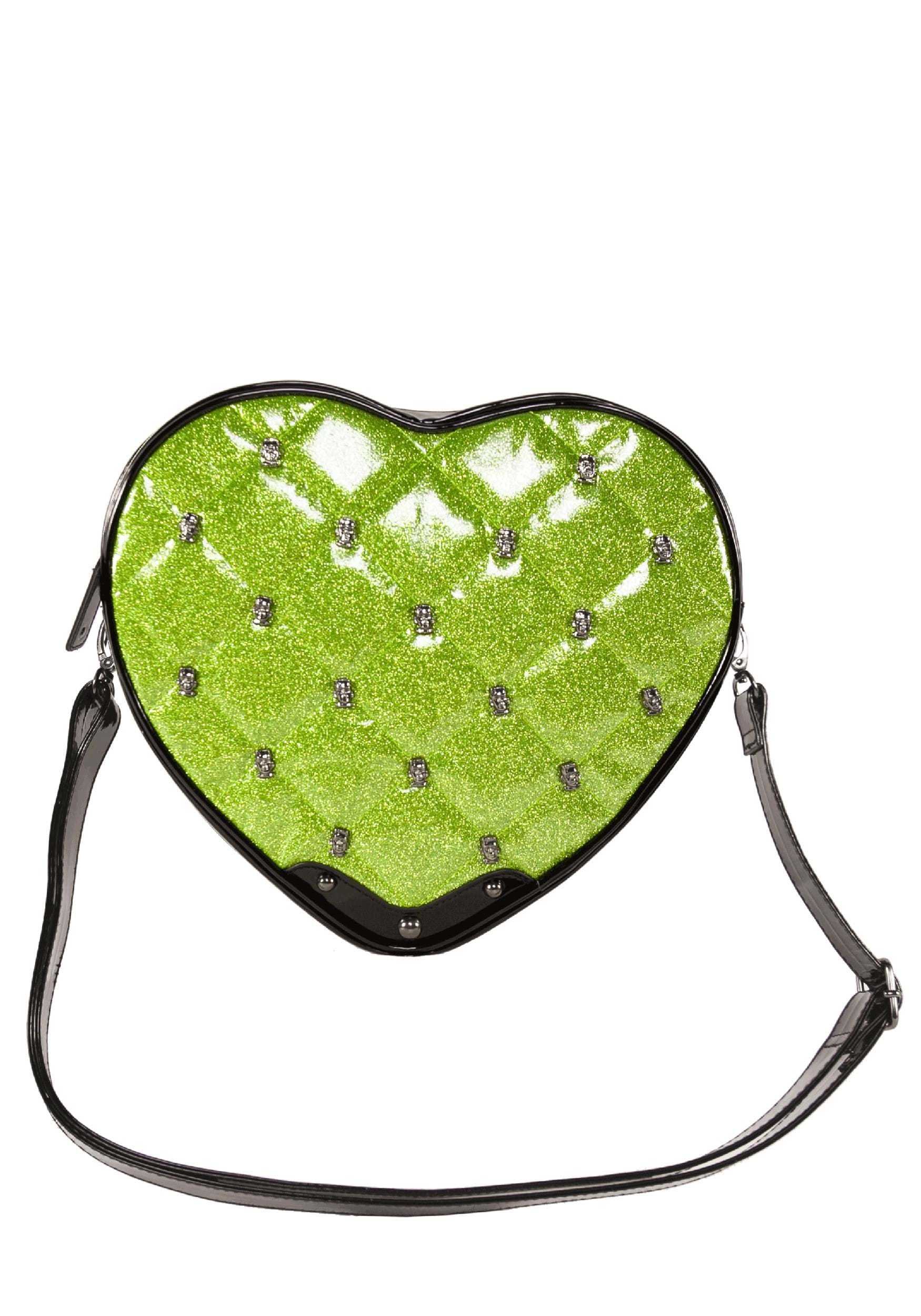 Studded Quilted Glittery Faux Patent Frank Heart Purse