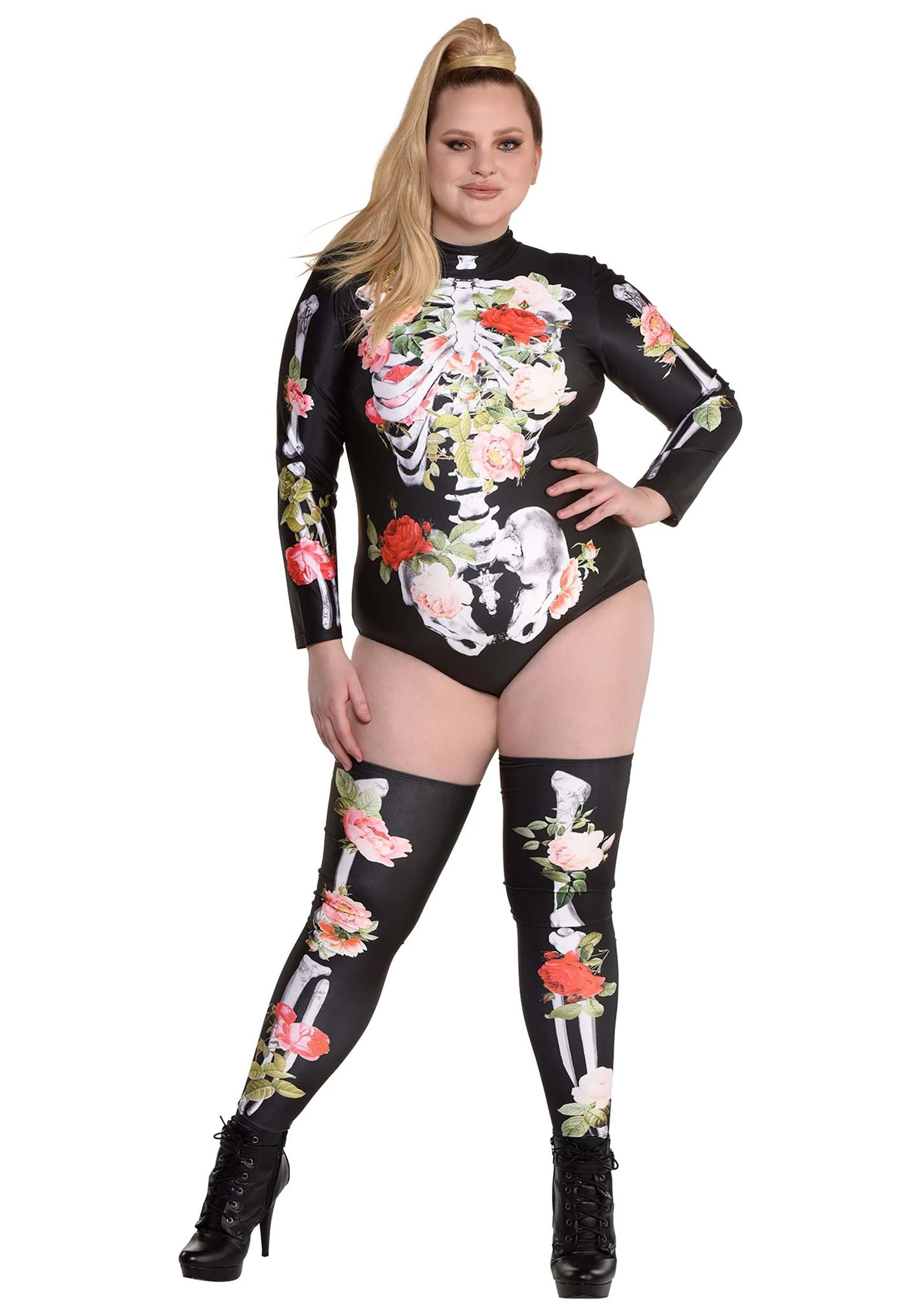Plus Size Women's Floral Skeleton Fancy Dress Costume