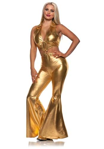 Womens Sexy Gold Flare Jumpsuit Costume