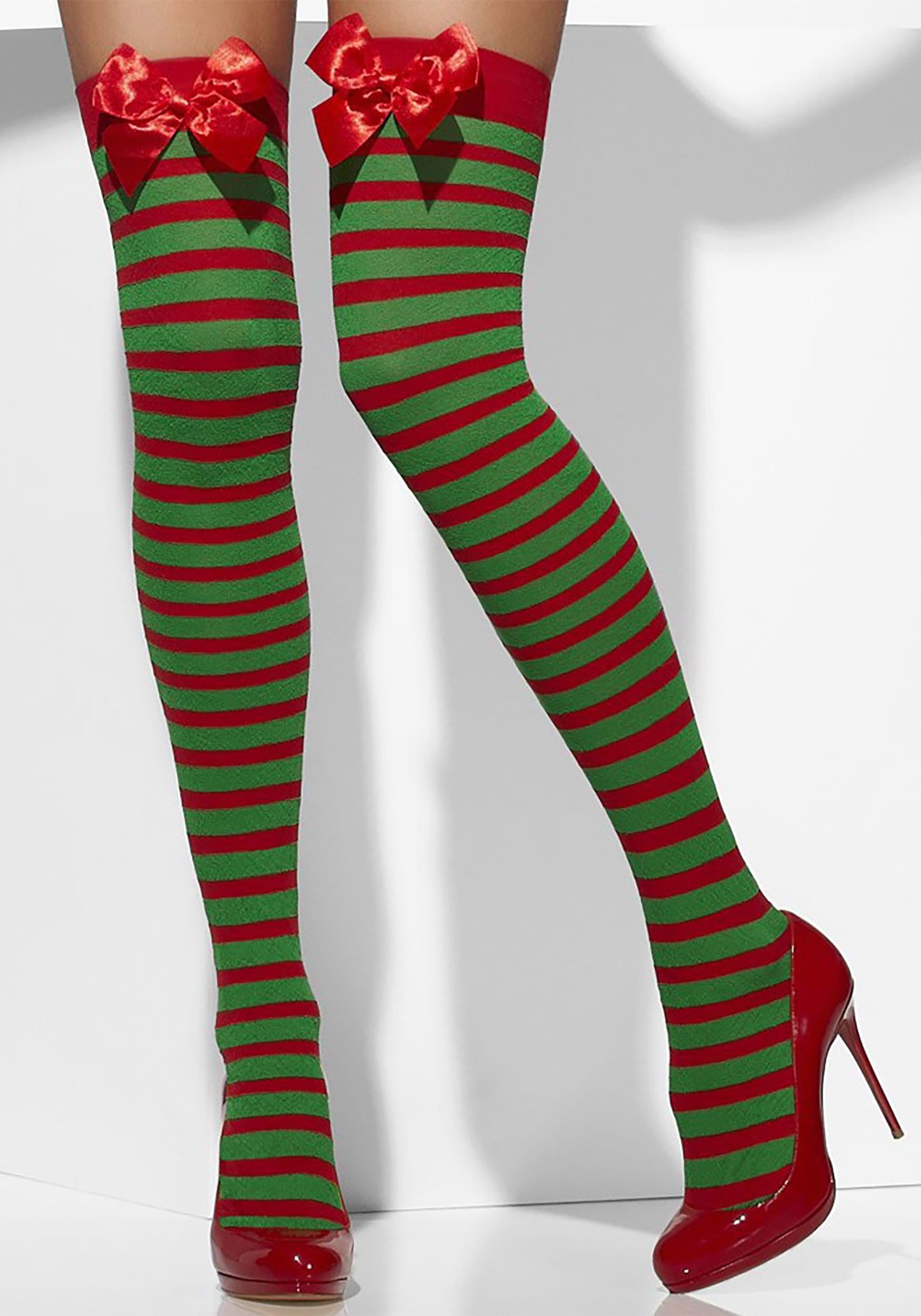 Striped Red And Green Thigh High Stockings