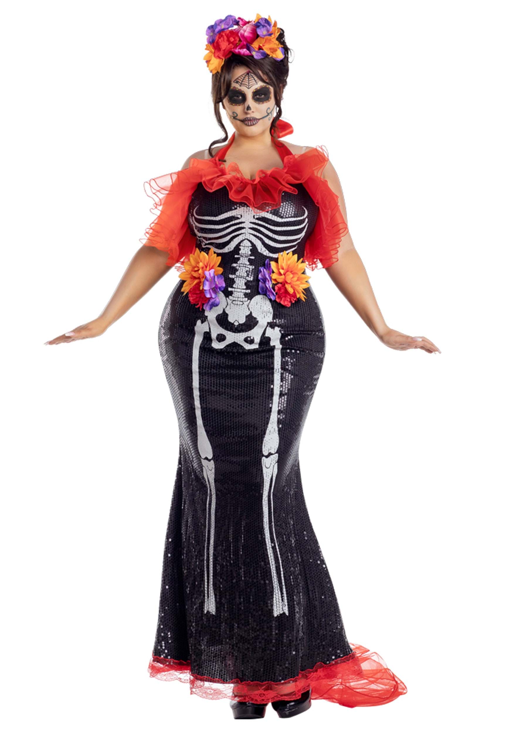 Plus Size Glamour Muerta Day Of The Dead Women's Fancy Dress Costume