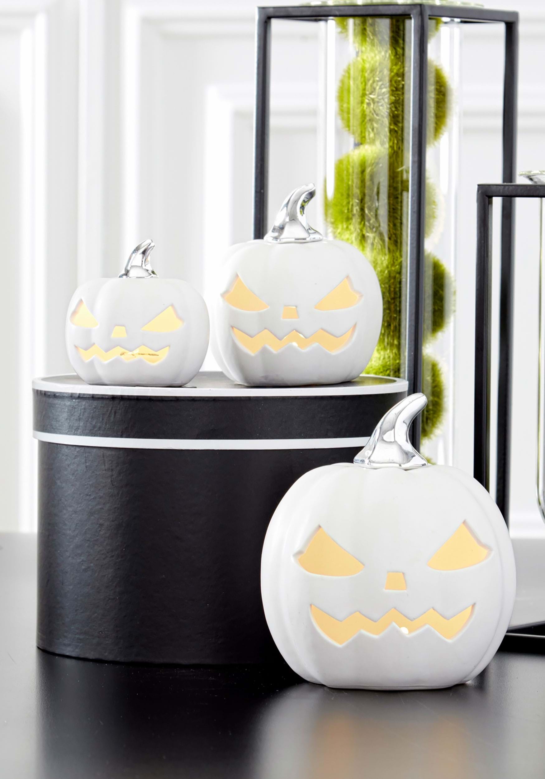 3.75 White Ceramic LED Jack 'O Lantern Prop , Pumpkin Decorations