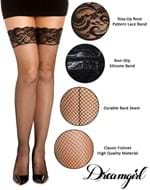 Women's Black Fishnet Thigh High w/ Top Lace & Back Seam