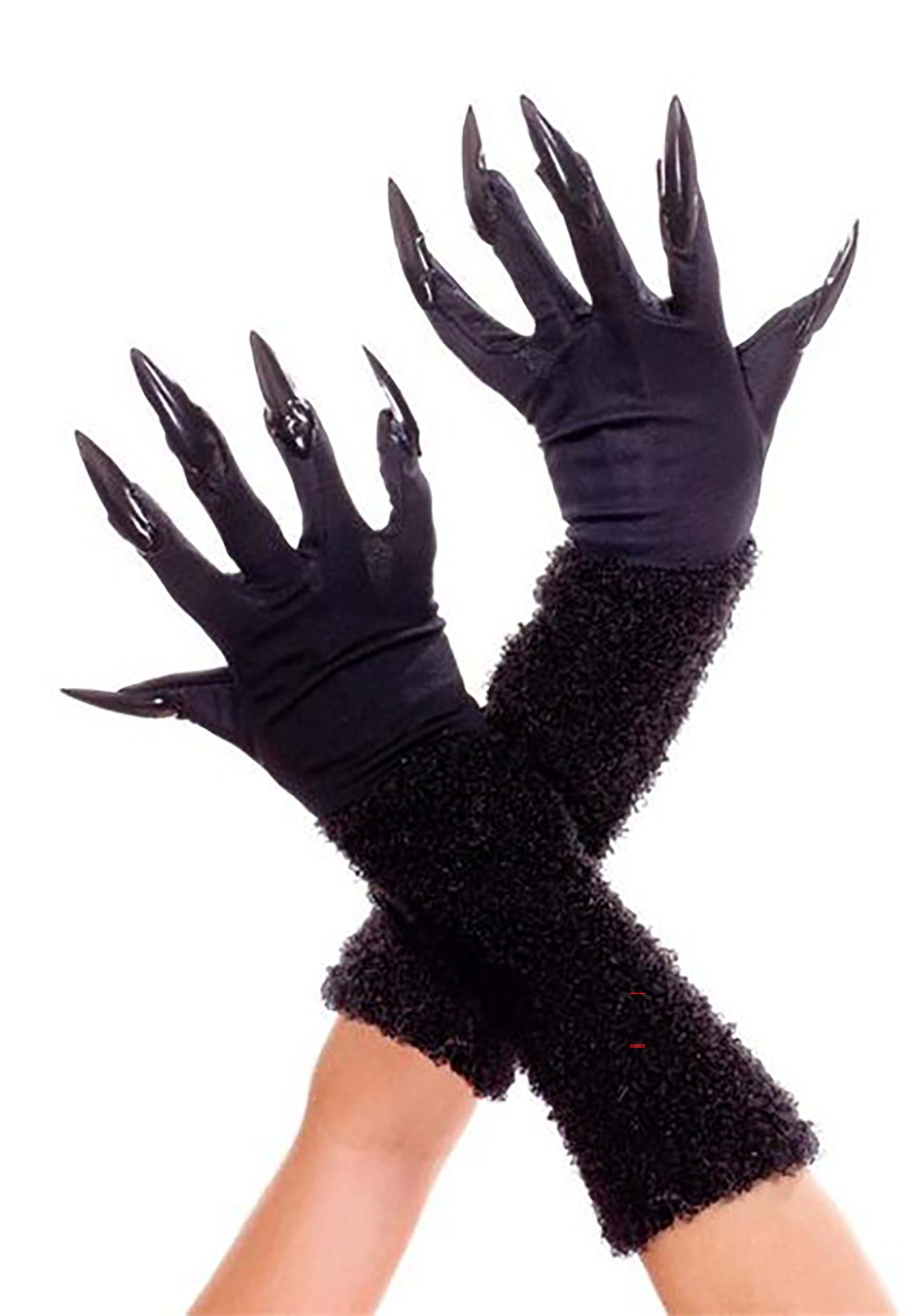 Black Furry Gloves With Nails For Women , Fancy Dress Costume Gloves