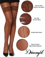 Women's Espresso Fishnet Thigh High Stockings with Lace Top