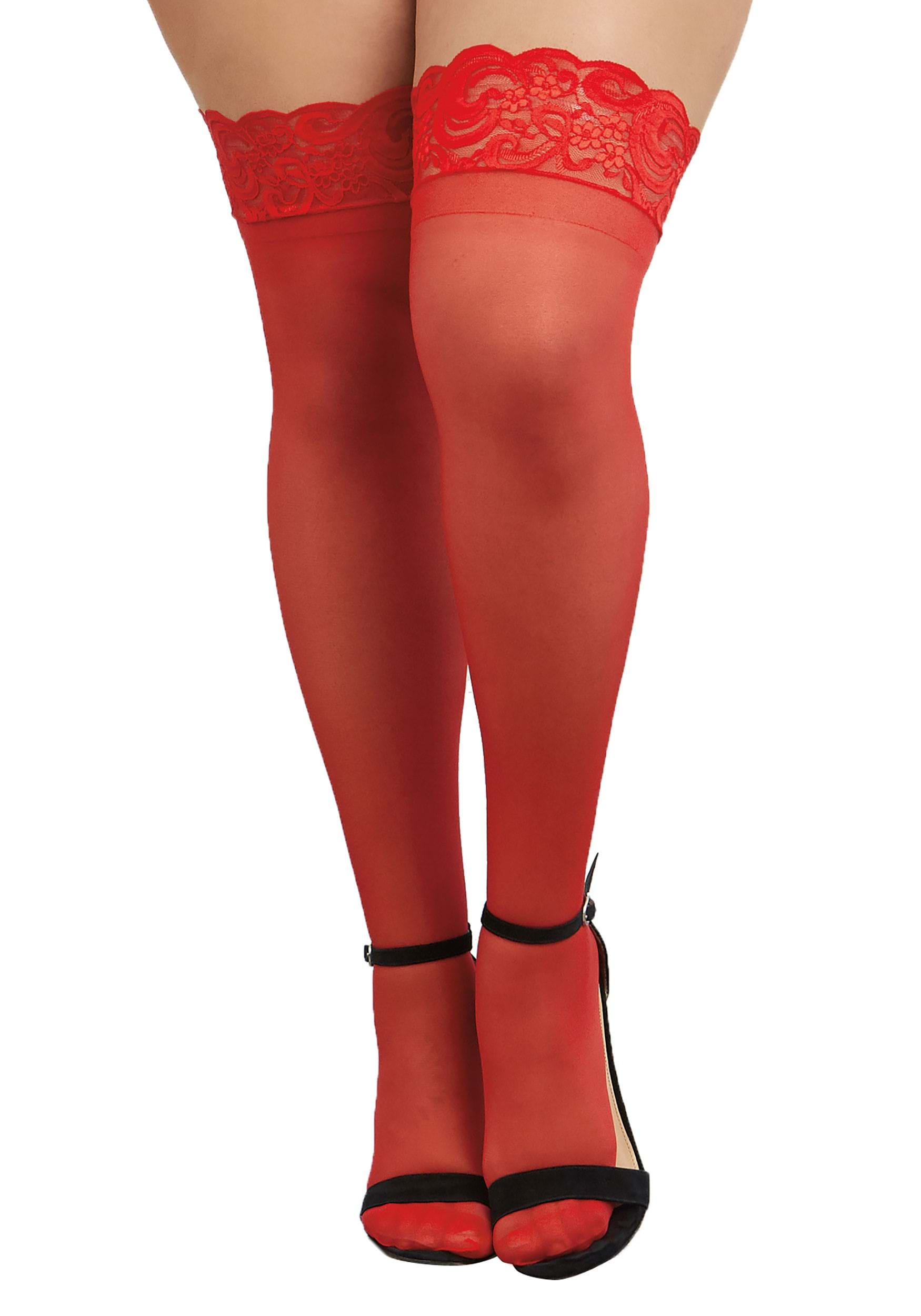 Women's Plus Size Red Sheer Thigh High Stockings With Scalloped Lace Top , Fancy Dress Costume Tights