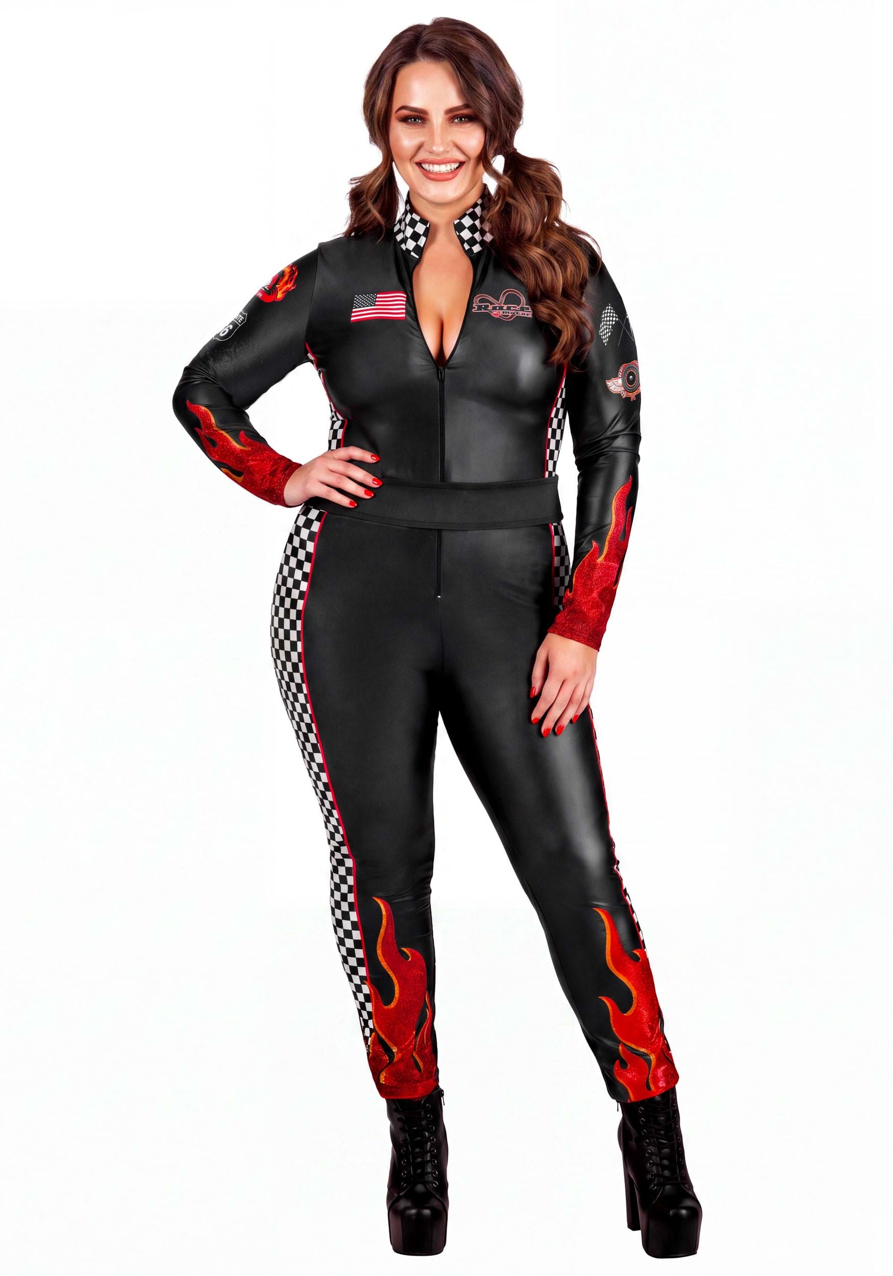 Plus Size Fiery Race Car Driver Fancy Dress Costume for Women | Race Car Fancy Dress Costumes